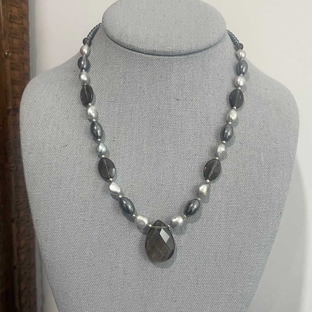 Vintage Smokey Quartz Beaded & Gray Pearl Necklace with Sterling Silver Clasp
